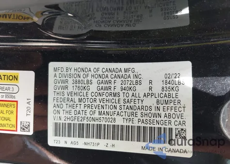 2022 Honda Civic Sport z USA, uszkodzony, nr VIN 2HGFE2F50NH570028